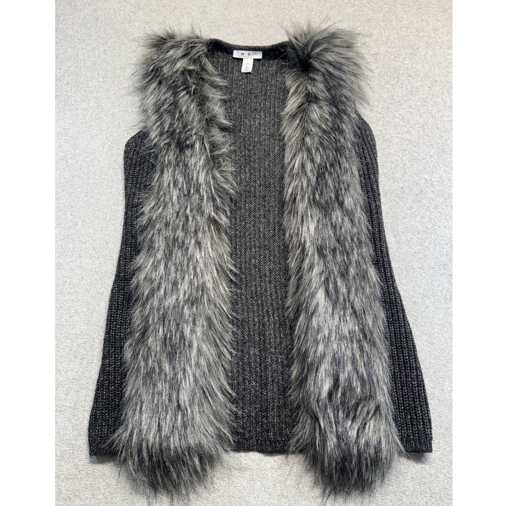 WHBM Womens XS Gray Knit Sweater Vest Faux Fur Trim Long Open Front Textured